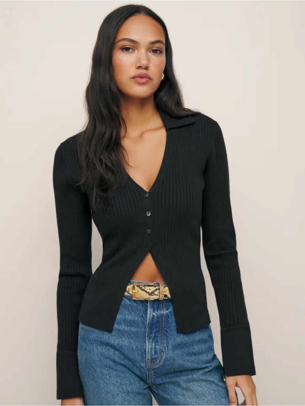 Reformation Valentina Ribbed Open Cardigan In Black